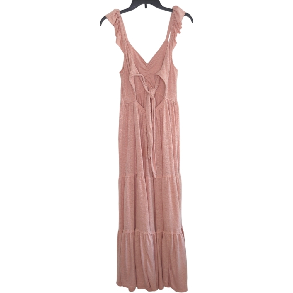Free People Beach Sleeveless Ruffle Strap Linen Tiered Maxi Dress Blush Size S